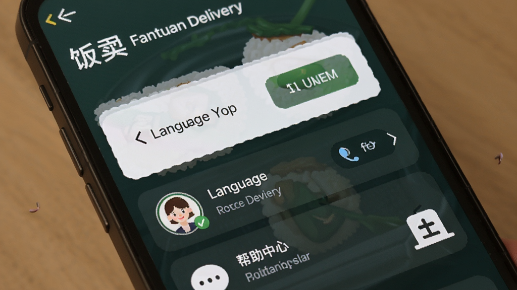 һ��չʾ�������� Fantuan Delivery���������ý����ͼƬ������Ϊ�ֻ���Ļ��ʾ����ѡ��Ϳͷ���ڣ�����Ϊ�б�ʽ���У��Ű��࣬���Ϊ�Ѻ��׺ͣ�ϸ�ڰ�����Ӣ���л���ť���ͷ�ͷ��Ͱ�������ͼ�꣬���ʸ��壬�ɾ����޶���Ԫ�ء�