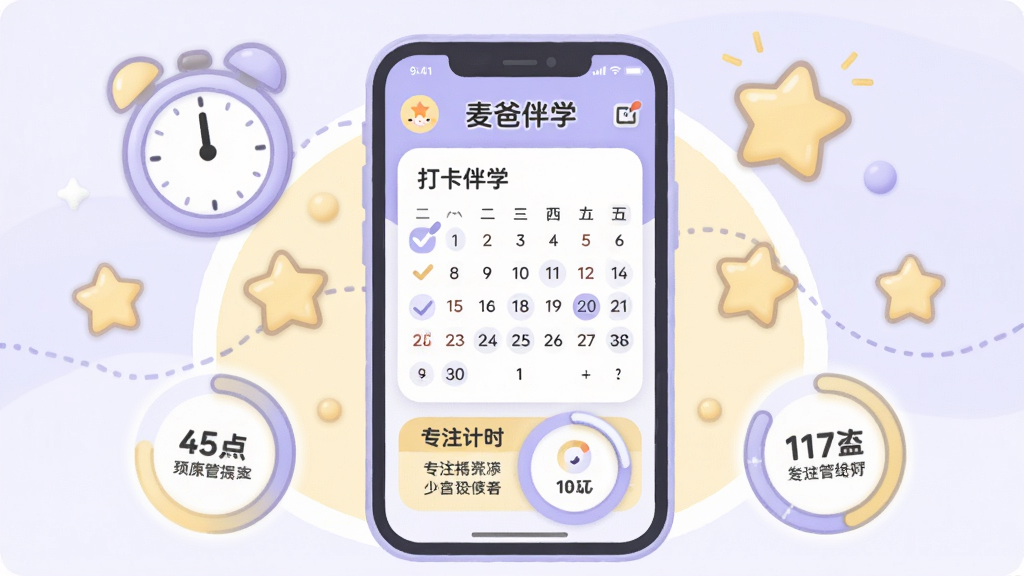 һ��չʾѧϰ�ƻ���������Ĳ廭��������һ���ֻ���ʾ����ְ�ѧ���Ĵ�������רע��ʱ������Χ������ʱ�ӡ����ǽ����ͽ���Բ����Ԫ�ء�����Ϊ�ֻ����У�����Ԫ�ػ��ơ����Ϊ���Բ�ǿ�ͨ���ɫ���Ե���ɫ��ǳ��ɫ�Ͱ�ɫΪ����ϸ�ڰ�����ѡ��ǡ��������ֺ͹�������ʸ��壬����ɾ����޶���Ԫ�ء�