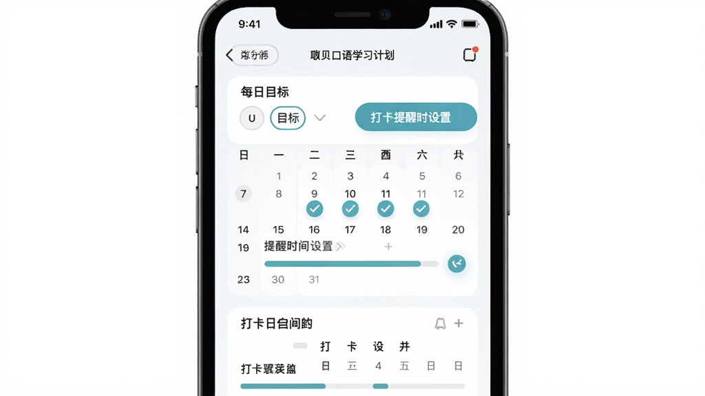 �ȱ�����ѧϰ�ƻ����ƽ��棬�������ֻ���Ļ�ϵ�ѧϰ�ƻ�����ҳ�棬����Ϊ�ֻ����У���Ļ����ʾÿ��Ŀ��ѡ������ʱ�����úʹ����������Ϊ���¼�Լ��APP����չʾͼ��ϸ�ڰ��������ϵĴ򿨱�ǡ�Ŀ������������ʸ��壬�ɾ����޶���Ԫ��