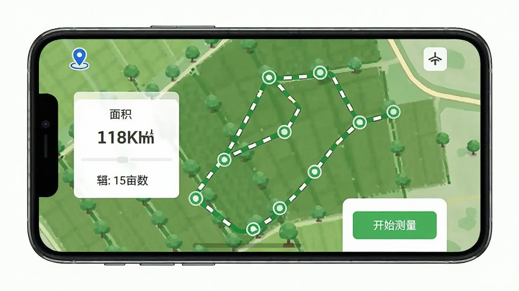 手机全能测亩仪软件主界面展示,画面中央是一部智能手机,屏幕显示绿色农田地图与测量轨迹线条,界面包含面积数据面板和开始测量按钮,整体布局简洁清晰,采用扁平化UI设计风格,细节上突出GPS定位图标与亩数单位转换,画质清晰干净,无多余元素