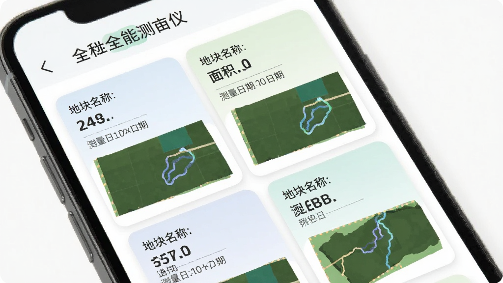 手机全能测亩仪地块数据管理列表界面,手机屏幕显示多个地块记录卡片,每张卡片包含地块名称、面积数值、测量日期和缩略轨迹图,界面采用卡片式布局,配色柔和,突出手机全能测亩仪软件名称,排版清晰,画质干净无多余元素