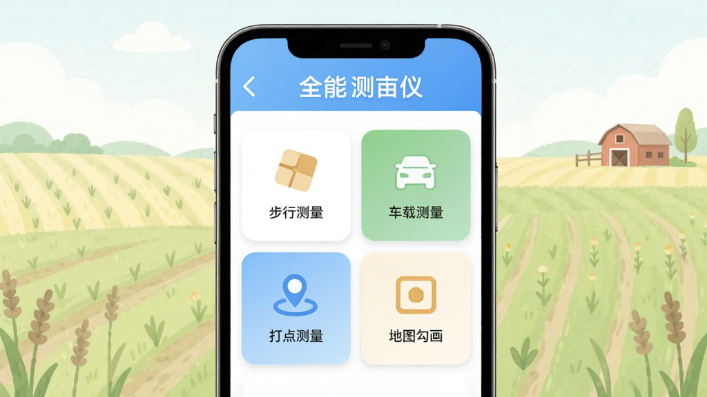 手机全能测亩仪多种测量模式选择界面,手机屏幕中显示步行测量、车载测量、打点测量、地图勾画四个功能卡片,背景为浅色农田插画风格,卡片带有图标和简要文字说明,主体突出手机全能测亩仪软件名称,排版整齐,风格清新,画质干净