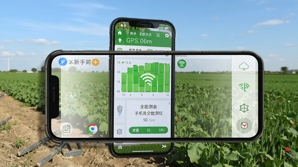手机全能测亩仪新手操作示意图,画面展示一部手机放在农田边,屏幕显示GPS信号满格和测量准备就绪状态,背景为开阔农田和蓝天,风格写实清新,细节突出手机全能测亩仪软件界面,画质清晰干净