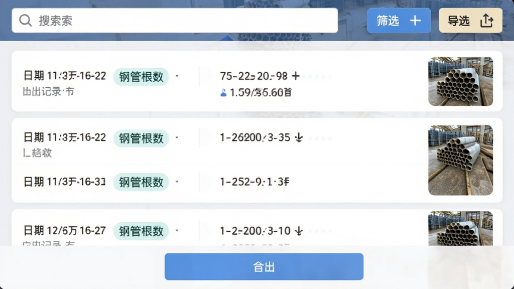 ���ֹ�AR��ʷ��¼ҳ�棬�б�չʾ����������¼��ÿ���������ڡ��ֹܸ���������ͼ���������������ɸѡ��ť���ײ��е�����ť�����ΪӦ�����ݹ������棬ϸ�ڰ�����¼��Ƭ��ʱ���ǩ������ͼ�꣬�����������ɾ����޶���Ԫ��