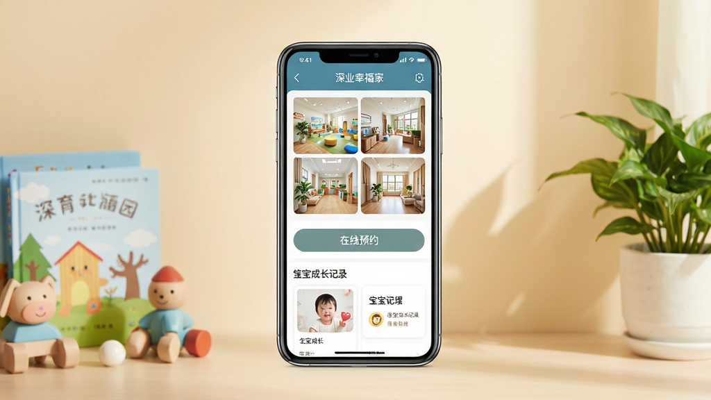 ��ҵ�Ҹ���APP������չʾ�������������һ�������ֻ�����Ļ�ڳ�������������ҳ������԰��������Ƭǽ������ԤԼ��ť�������ɳ���¼��Ƭ��ģ�飬����Ϊ��ܰ��ǳůɫ����ͥ���������ڷŶ�ͯ�汾����ߣ��Ҳ�����ֲ��׺�����岼�����Ҿ��⣬���������ͣ�ϸ����ͻ���ֻ���Ļ�ڵĹ���ͼ�������ֱ�ǩ�����������ɾ����޶���Ԫ�أ��ʺ���Ϊ��������վԤ��ͼ��