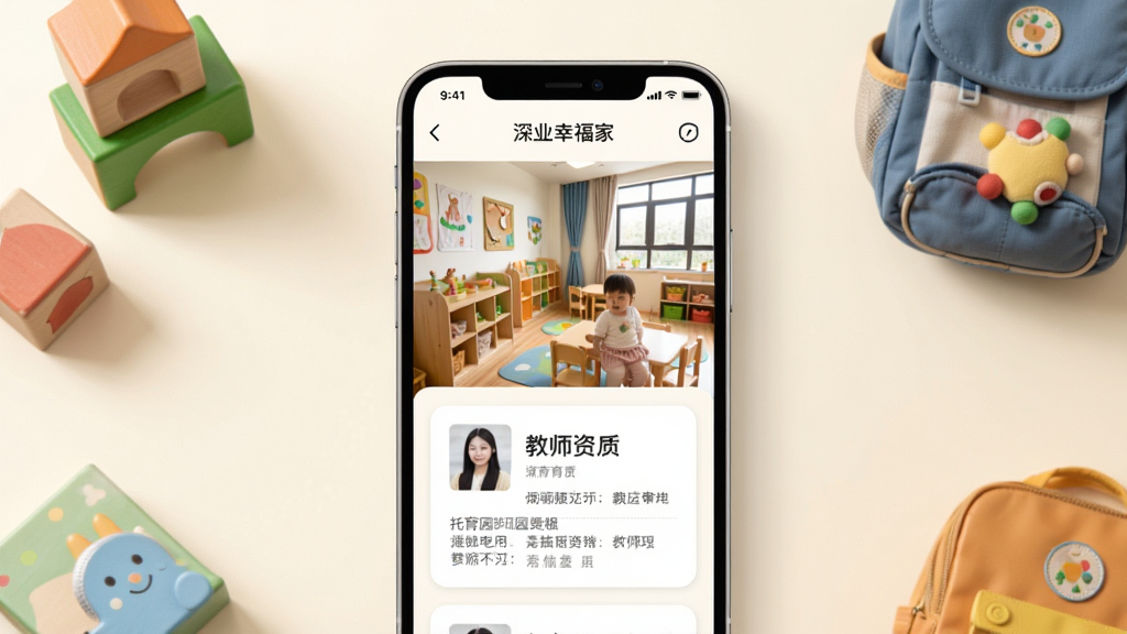 ��ҵ�Ҹ���APP԰��չʾҳ�棬�������ֻ���ĻΪ���壬��Ļ����ʾ����԰����ʵ����Ƭ���ʦ���ʿ�Ƭ������Ϊ��͵��װ�ɫ����Ļ��Χɢ���ľ��С����ȶ�ͯ��Ʒ����ͼ���У������ܰдʵ��ϸ��ͻ����Ƭ�������������Ű棬���ʸɾ������������ұ���Ԫ�ء�
