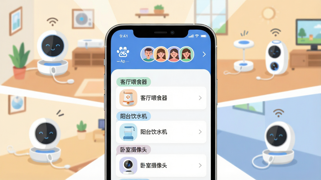 һ��չʾ���Ƴ����ܡ�App���豸�������ͥ�������ܵ�ͼƬ�������������ֻ���Ļ��ʾ�豸�б����С�����ιʳ��������̨��ˮ��������������ͷ���ȷ����ǩ����Ļ�Ϸ��м�ͥ��Աͷ�񣬱����Ƕ�������豸�ֲ��ڷ��䲻ͬ���䣬����Ϊ����״��ͼ�����Ϊ��ƽ�廭�磬ϸ�ڰ����豸ͼ�ꡢͷ��Բ�ǡ���������������Ϊʸ�����壬�ɾ����࣬�޶���Ԫ��
