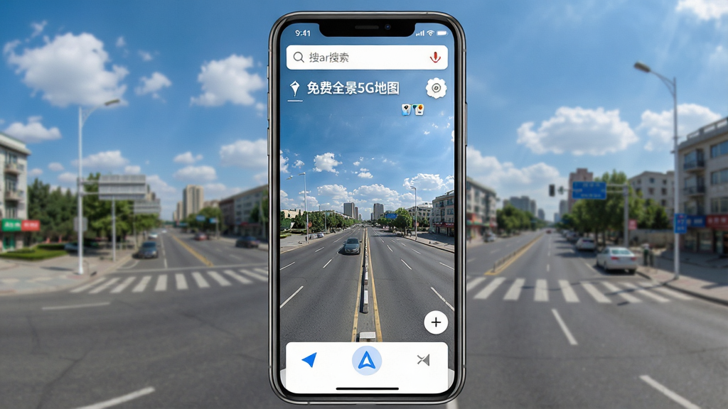 һ���ֻ���Ļչʾȫ���־���ͼ�Ļ��棬���������ǡ����ȫ��5G��ͼ��Ӧ�ý��棬��ʾ���нֵ�ȫ��ʵ�������沼�ּ�࣬�����������򣬵ײ��е�����ť����������������µĳ��е�·�����дʵ�ɾ���ϸ�����������ʸ��壬�޶���Ԫ��