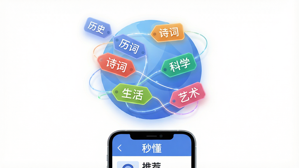 ��������չʾһ���ɶ����ɫ��ǩ��ɵ����壬��ǩ��д�С���ʷ����ʫ�ʡ�����ѧ����������������������������·���һ���ֻ����ֻ���Ļ��ʾ���붮���Ƽ�ҳ�棬����Ϊ��ɫ�����Ϊ��Լ�Ƽ��в廭��ϸ�ڰ�����ǩ֮�������������͹��Σ����ʸ��壬�������࣬�޶���Ԫ��