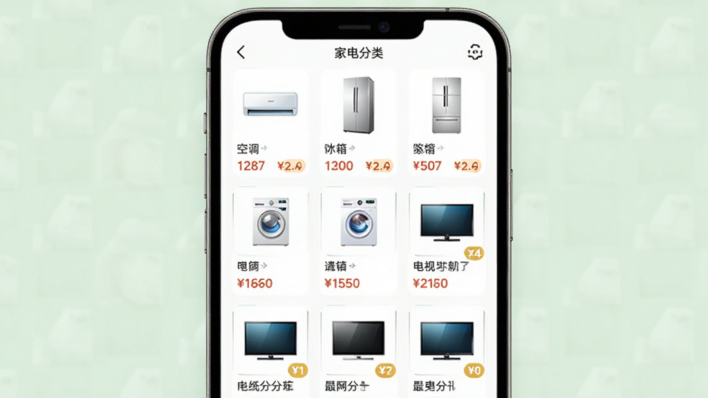 ������ѡAPP��Ʒ����ҳ�棬����Ϊ�ֻ���Ļչʾ�ҵ�����б��������յ������䡢ϴ�»������ӵȷ���ͼ�꣬����Ϊ�����б����������Ű棬���Ϊ����ǳɫϵ���̽��棬ϸ�ڰ�������ͼ�ꡢ��Ʒ����ͼ��۸��ǩ����������������ɾ����޶���Ԫ��
