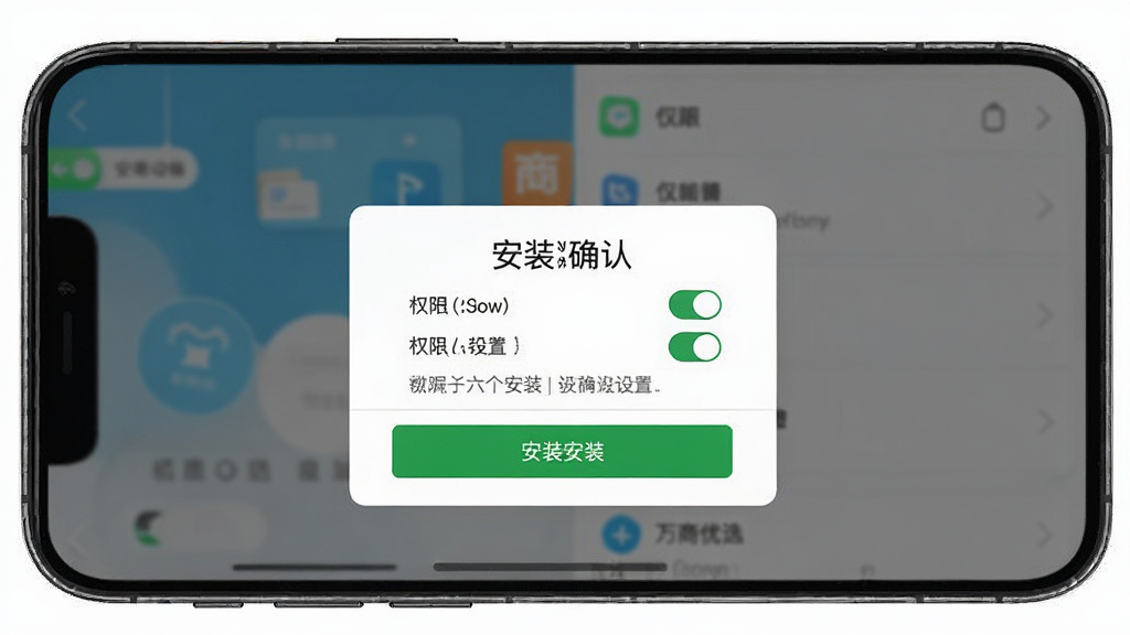 ������ѡAPP��װ�����ý��棬����Ϊ�ֻ���ĻչʾȨ�������밲װȷ�ϵ���������Ϊ�ֻ�����������ѡ���б������Ϊ�����̷̳磬ϸ�ڰ���Ȩ�޿��ء���װ��ť����ʾ���֣���������������ɾ����޶���Ԫ��