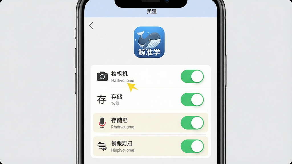 һ��չʾ����׼ѧ��App���ֻ��ϰ�װȨ�����ý����AI��ͼ�������������ֻ���Ļ��ʾӦ��Ȩ�޹���ҳ�棬����������洢����˷��Ȩ�޿��أ���Ļ�Ϸ��С���׼ѧ��ͼ�꣬����Ϊ�ֻ�������д�������Ǽ���ǳ��ɫ�����Ϊʵ�ý̷̳磬ϸ�ڰ���������Ȩ�����֡�����״̬��������ʾ�����ʸ��壬�ɾ��޶���Ԫ��