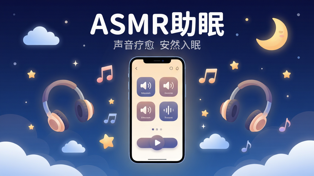 �����������һ�������ֻ�����Ļ������ʾASMR�����������棬�������ж�����������ͼ��Ͳ��Ű�ť���ֻ���Χ������Ư���Ķ��������������������Ǻ��ƶ�Ԫ�أ�����������ɫҹ�ս��䣬���岼�־��жԳƣ������ܰ����ϵ��ƽ�廭��ϸ�ڰ�����͵ķ���Ч����ϸ��Ľ�����ɣ����ʸ��壬�ɾ��޶���Ԫ�أ�ͼƬ�Ϸ��ð�ɫԲ������д�š�ASMR���ߡ����·���ǳ��ɫС��д�š��������� ��Ȼ���ߡ�