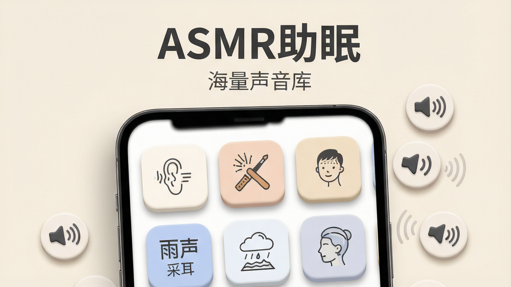 �ֻ���Ļ��д����Ļ����ʾASMR������������Ƶ����������棬�������ж���û����ɶ��������ȷ���ͼ�꣬ͼ�����ΪԲ�Ǿ��Σ�ÿ��ͼ�����м�Լ�������廭���ֻ��Ա�ɢ���ż���Բ����������ͼ�꣬����Ϊǳ��ɫ�����岼�ֲ����������У�����Լ���£�ϸ�ڰ���ͼ����Ӱ��΢�������У������������ɾ��޶���Ԫ�أ�ͼƬ�Ϸ������ɫ����д�š�ASMR���ߡ����·���ǳ��ɫС��д�š����������⡱