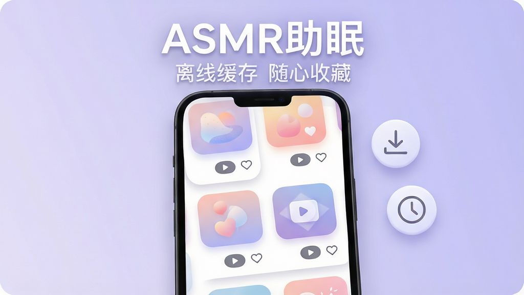 �ֻ�����չʾASMR�����������ղؼ�ҳ�棬ҳ���������Ŷ����Ƶר�����棬�������Ϊ����Բ�ǣ�������͵Ľ���ɫ�ʺͼ�Լͼ����ÿ��ר���·��в��Ű�ť���ղ�����ͼ�꣬�ֻ��Ա�Ư����һ�����ؼ�ͷͼ���һ��ʱ��ͼ�꣬����Ϊ����ɫ���䣬���岼��Ϊ��ֱ�б���������Բ�ǣ�ϸ�ڰ�����ƬͶӰ��ϸ���ͼ�����������ʸ��壬�ɾ��޶���Ԫ�أ�ͼƬ�Ϸ��ð�ɫ����д�š�ASMR���ߡ����·���ǳ��ɫС��д�š����߻��� �����ղء�
