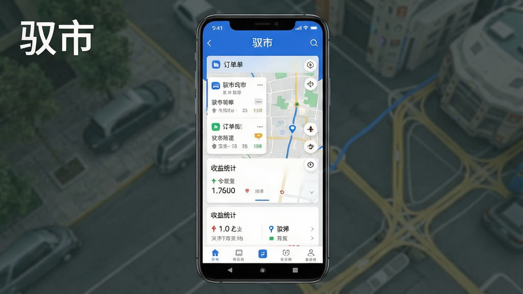 一张展示驭市司机端APP界面全貌的手机应用预览图,主体为一部竖屏安卓手机,屏幕中显示驭市APP的首页界面,包含订单列表、地图导航、收益统计等模块,布局清晰合理,排版简洁大方,风格为现代科技风,细节上突出蓝色主色调与白色背景的搭配,图标精致,画质高清,干净无多余元素,画面中带有