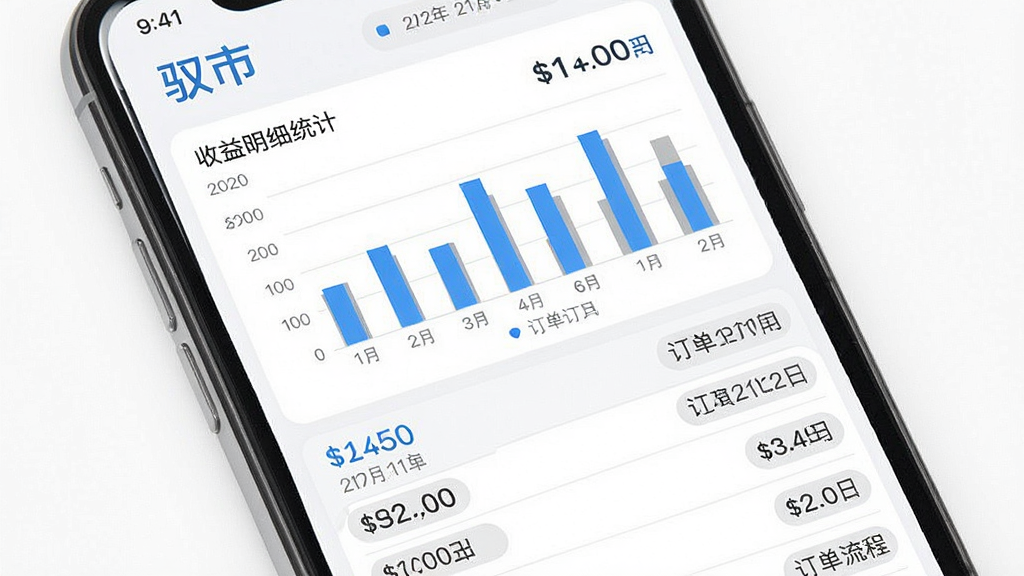 一张展示驭市APP收益明细统计页面的图片,主体为手机屏幕显示收益数据图表与订单流水列表,布局为上图表下列表的排版方式,风格为简约商务风,细节上包含柱状图、数字金额、日期标签等元素,背景为白色,配色以蓝色和灰色为主,画质高清,干净无多余元素,画面中带有