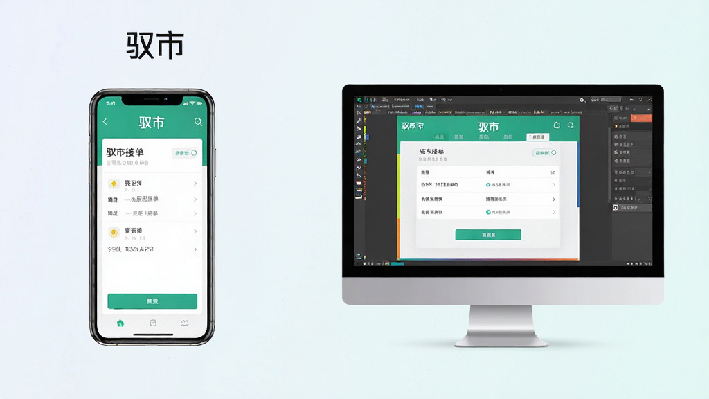 一张展示驭市APP在手机与电脑模拟器上同时运行的对比示意图,主体为左侧手机屏幕显示驭市接单界面、右侧电脑屏幕显示模拟器中的驭市界面,布局为左右并排对比,排版清晰,风格为科技简约风,细节上突出两个设备界面的一致性,背景为浅色渐变,画质高清,干净无多余元素,画面中带有