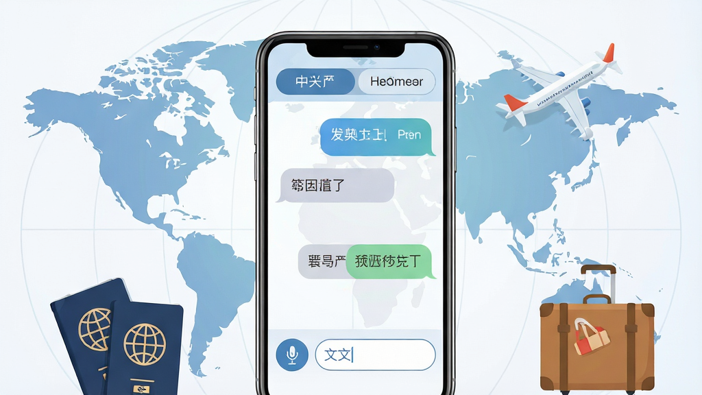 出国翻译器软件主界面全貌展示,画面中央为一部智能手机,手机屏幕上显示着出国翻译器APP的翻译对话界面,顶部有语言选择栏显示中文与英文,中部是聊天气泡式的翻译记录,底部是语音输入按钮和文字输入框,手机周围环绕着世界地图、飞机、护照、行李箱等旅行元素,整体布局为居中构图,风格为现代扁平化科技风,细节包括手机边框的高光反射、界面图标的圆角设计、背景中淡淡的地球经纬线纹理,画质高清,画面干净,无多余元素