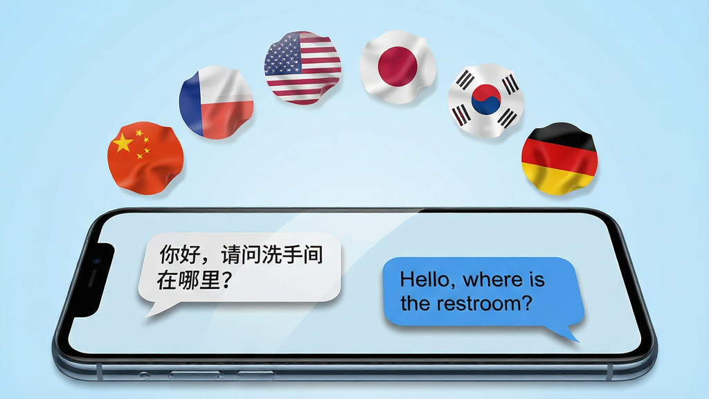 出国翻译器多语种实时互译功能展示图,画面主体为一部手机横向放置,屏幕中显示两个人物对话气泡,左侧气泡为中文“你好,请问洗手间在哪里?”,右侧气泡为英文“Hello, where is the restroom?”,手机上方漂浮着多个国家的国旗图标,包括中国、美国、日本、韩国、法国、德国等,国旗以半透明圆形排列成弧线,背景为浅蓝色渐变,风格为清新简约的扁平化设计,细节包括国旗的细微褶皱质感、气泡的阴影效果、手机屏幕的玻璃反光,画质高清,画面干净,无多余元素