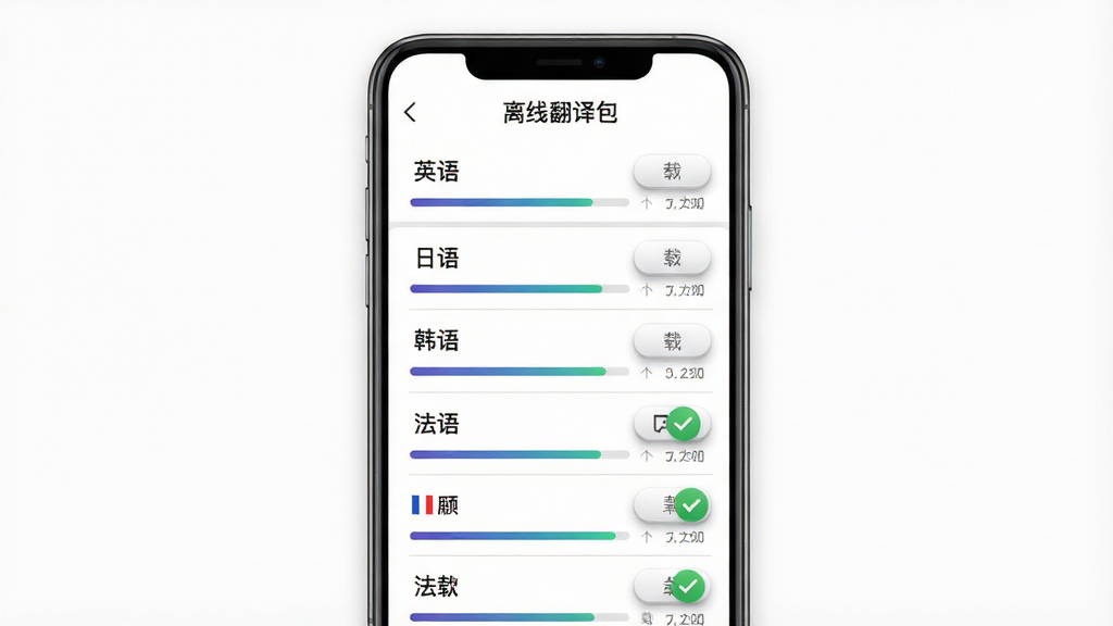 出国翻译器离线翻译包下载界面展示图,画面为一部手机竖屏显示,屏幕中列出多个语言离线包的下载选项,包括英语、日语、韩语、法语等,每个选项右侧有下载按钮和文件大小标注,已下载的语言包显示绿色对勾图标,手机屏幕上方有“离线翻译包”标题栏,背景为纯白色,风格为极简商务风,细节包括按钮的微立体阴影、进度条的渐变色彩、列表项的分隔线,画质高清,画面干净,无多余元素