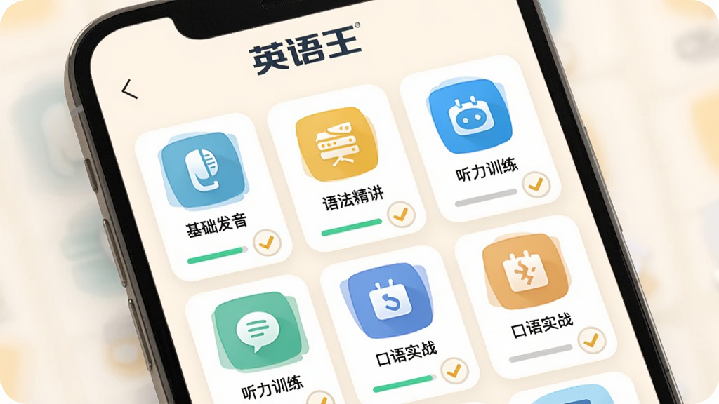 Ӣ����ȫ�ܿγ���ϵ���棬�ֻ���Ļ��ʾ�γ��б�ҳ�棬���������������﷨����������ѵ��������ʵս��ģ��ͼ�꣬ҳ�涥����Ӣ������־������Ϊ����װ�ɫ���Ű���ÿ�Ƭʽ���֣�������½�����Ӧ�ã�ϸ���н���������ɱ�ǣ����ʸ��壬�ɾ����޶���Ԫ��