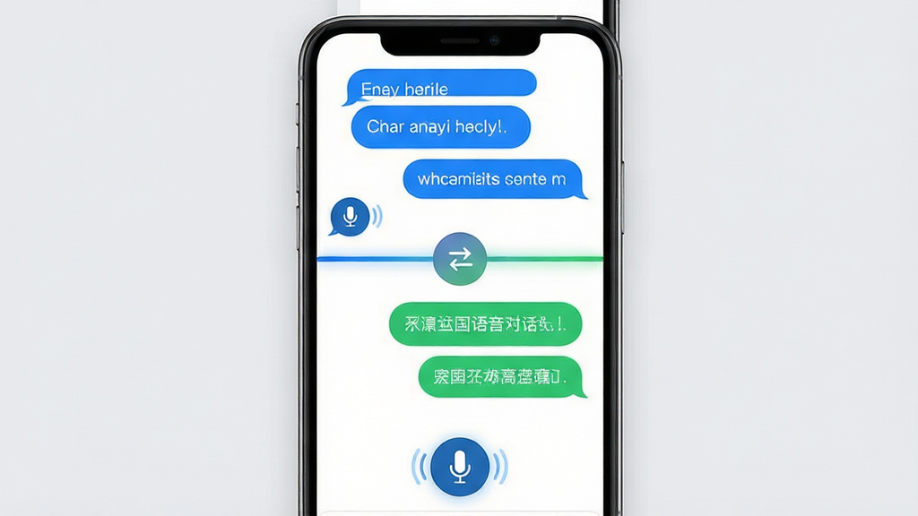 出国翻译器语音对话模式界面展示图,画面为一部手机竖屏显示,屏幕被分为上下两个区域,上半部分为蓝色背景显示英文对话气泡,下半部分为绿色背景显示中文对话气泡,每个区域底部都有麦克风图标按钮,屏幕中央有双向箭头图标表示互译方向,背景为浅灰色,风格为现代社交软件对话风,细节包括气泡的圆角设计、麦克风按钮的脉冲动画效果、区域分割线的渐变过渡,画质高清,画面干净,无多余元素