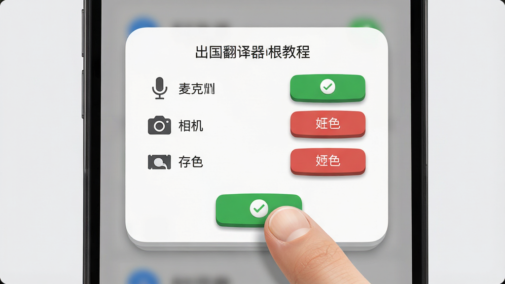 出国翻译器新手使用教程示意图,画面为一部手机屏幕截图风格,屏幕中显示出国翻译器的权限请求弹窗,包括麦克风、相机、存储三项权限,每项权限旁边有绿色允许按钮和红色拒绝按钮,屏幕下方有手指点击允许按钮的动画效果,背景为浅灰色,风格为手机UI教程风,细节包括弹窗的圆角边框、按钮的立体阴影、手指的肤色质感,画质高清,画面干净,无多余元素