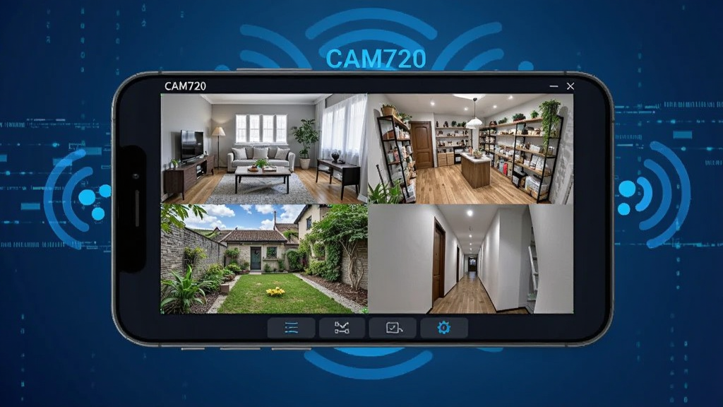 画面中央展示一部智能手机,手机屏幕内显示CAM720软件的多路监控画面,四个分屏分别呈现客厅、店铺、庭院与走廊场景,画面下方有简洁的功能按钮栏。手机悬浮在深蓝色渐变背景上方,周围环绕着Wi-Fi信号波纹与数据流线条。整体采用扁平化科技风格,细节清晰,画质干净,无多余元素,图片中文字标注为