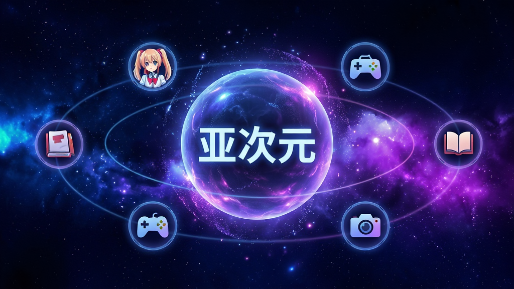 亚次元应用场景概念图,画面展示一个充满未来感的数字空间,中心悬浮着一个发光的球体,球体表面显示“亚次元”字样,周围环绕着不同兴趣圈子的图标,如动漫人物、游戏手柄、相机、书籍等。布局采用环绕式构图,风格为科幻数字艺术,色彩以深空蓝和亮紫色为主,细节处有粒子光效和星云纹理。画质高清,画面干净,无多余元素。
