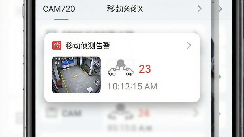CAM720软件告警推送界面,手机屏幕上弹出移动侦测通知卡片,卡片内显示监控画面缩略图与时间戳。背景为浅色界面,通知卡片带有轻微阴影,整体风格清爽简约,细节精致,画质干净,无多余元素,图片中文字标注为