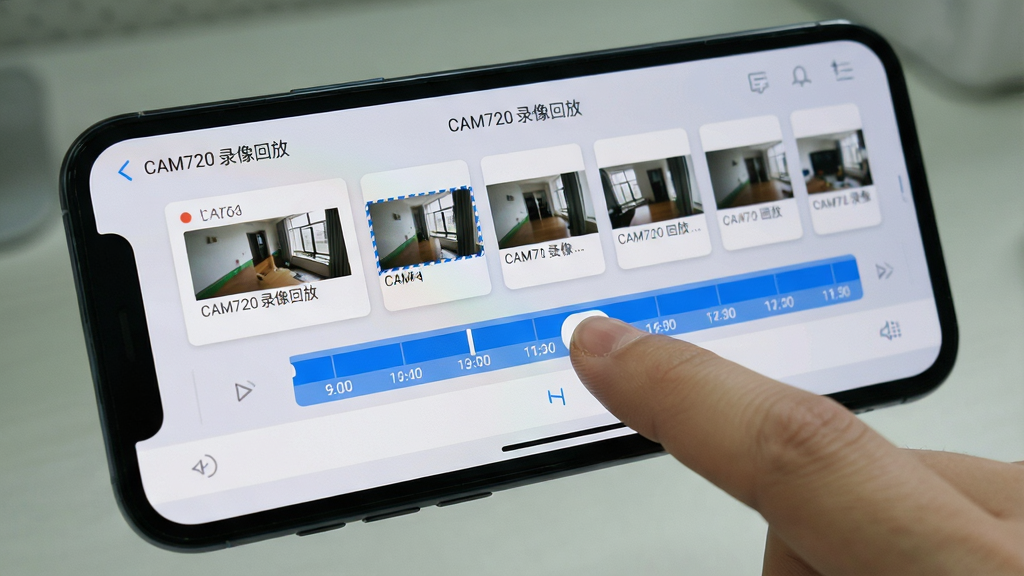 CAM720录像回放界面,手机屏幕显示时间轴与录像片段缩略图,用户手指正在拖动时间轴定位。界面采用卡片式布局,背景为柔和浅灰,时间轴用蓝色高亮显示,整体风格干净利落,画质清晰,无多余元素,图片中文字标注为