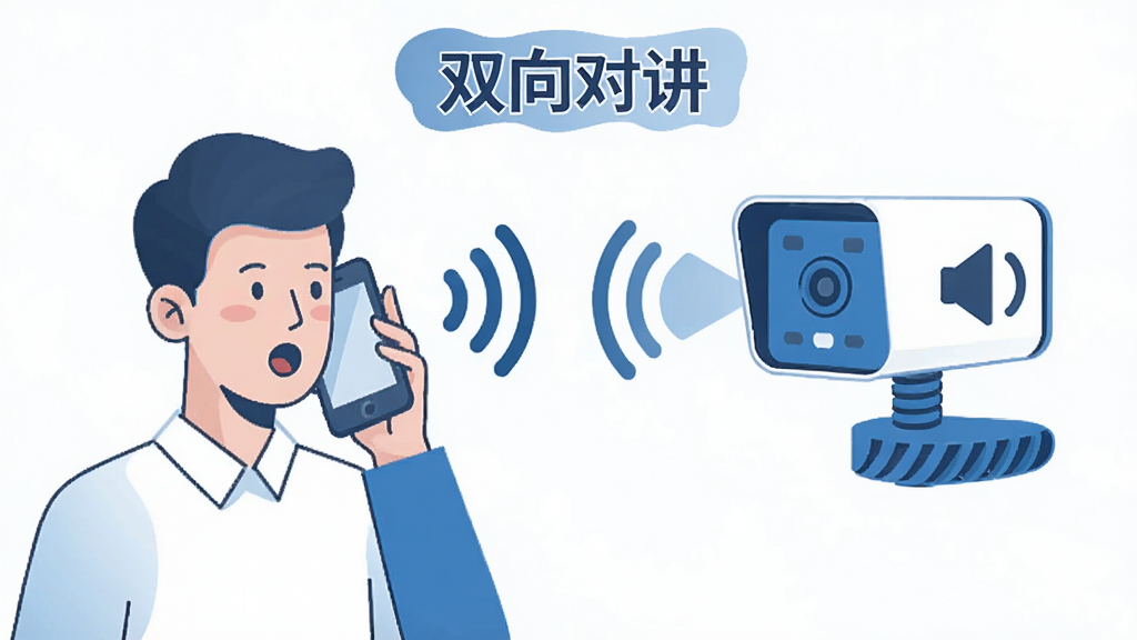 CAM720双向语音对讲功能示意图,手机与摄像头之间用声波图标连接,画面中人物正在对着手机说话,摄像头端有扬声器图标显示。整体采用扁平插画风格,配色以蓝白为主,画面简洁明了,画质干净,无多余元素,图片中文字标注为