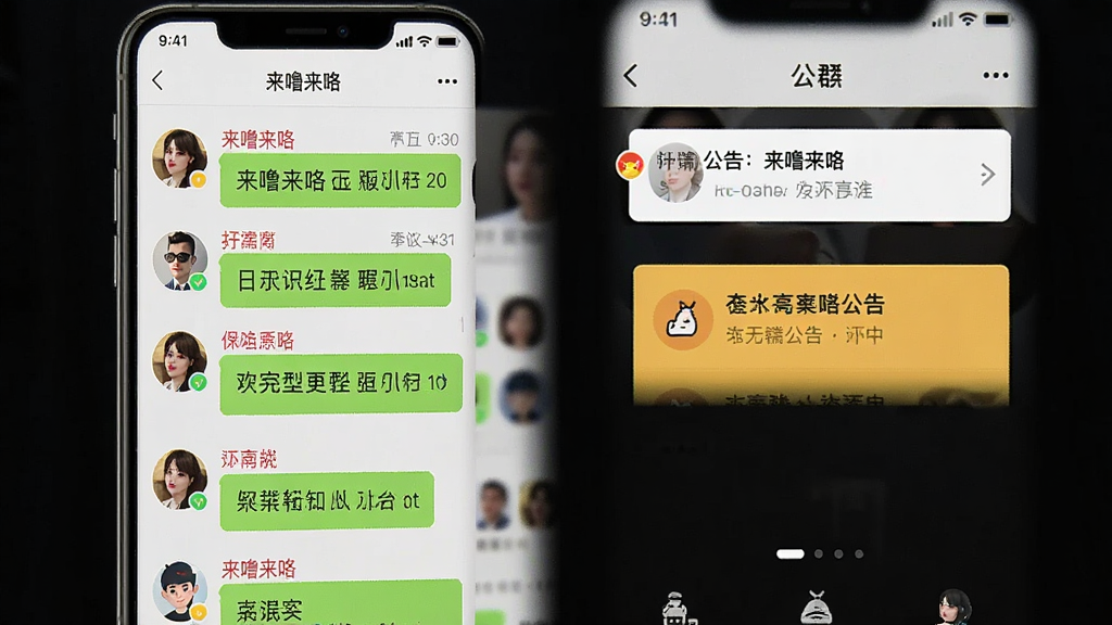 一张展示多人聊天群组界面的手机应用图片,画面主体为“来噜来咯”群聊窗口,包含多个用户头像、群消息气泡和群公告栏,布局为竖屏手机展示,风格现代社交风,细节有彩色昵称和消息时间戳,画质高清干净,无多余元素