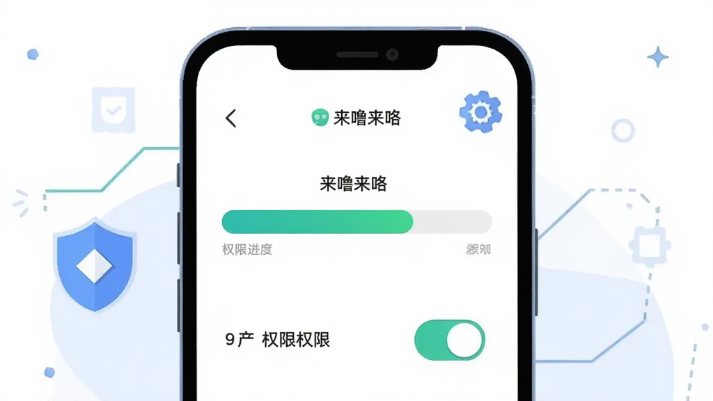 一张展示手机应用安装与权限设置界面的插画,画面主体为“来噜来咯”安装进度条与权限开关,布局为竖屏手机界面,风格为扁平科技风,细节有盾牌安全图标和齿轮设置图标,画质清晰干净,无多余元素