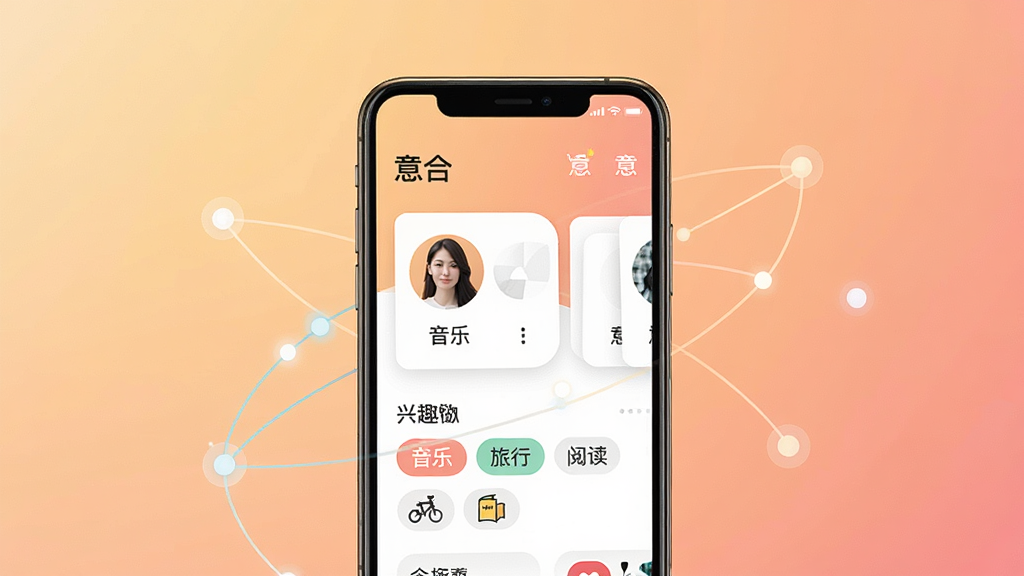 һ��չʾ�罻ƥ��Ӧ�õĽ������ͼ������������һ�������ֻ�����Ļ��ʾ����ϡ�Ӧ�õ���ҳ����ҳ�����û�ͷ��Ƭ����Ȥ��ǩ�����֡����С��Ķ�����������͵�ůɫ�����䣬��ΧƯ���Ŵ������ӵ������͹�㣬�������ִ���Լ��ϸ�����������ʸɾ����޶���Ԫ��
