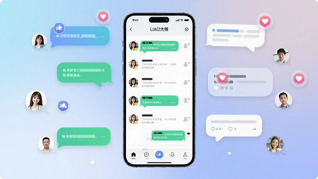 һ��չʾLIAO��ʦ�����������ͼƬ�������������ֻ���Ļ����Ļ����ʾLIAO��ʦ�������б��͵ײ�����������Χ�������������ݡ�����ͼ��ͺ���ͷ����罻Ԫ�أ����岼��Ϊ���й�ͼ�����Ϊ�ִ���ƽ��UI���ϸ�ڰ���Բ�ǿ�Ƭ�������Ӱ�ͽ��䱳�������������ɾ����޶���Ԫ��