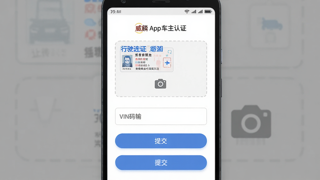 ��������Ϊһ����׿�ֻ���Ļ��ʾ����App������֤ҳ�棬ҳ��������ʻ֤�ϴ�����VIN��������ύ��ť�����ֲ����ֻ�������д����Ļ����ռ�ݻ������壻�Ű��϶���Ϊ״̬�����в�Ϊ�������򣬵ײ�Ϊ�ύ��ť�����Ϊ��ƽ���ƶ���UI��ƣ���ɫ����������ɫ��ť��ϸ���ϱ����ֶ���ǳ��ɫ�߿��ϴ����������߿�����ͼ�ꡢ��ť��Բ�ǣ�����Ϊ����UI��ͼ��񣬻���ɾ����޶���Ԫ��