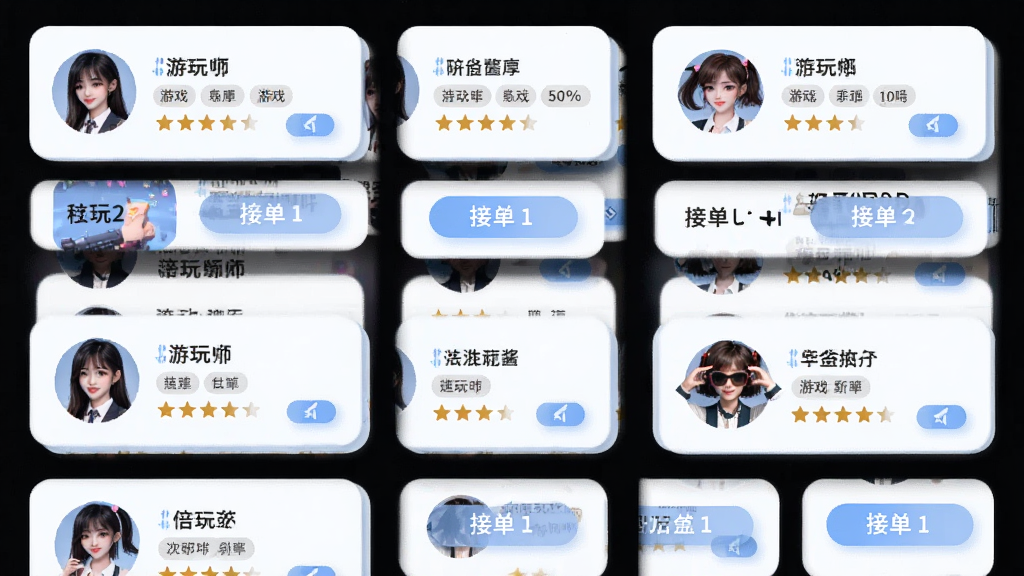 ��Ϸ���潴����ʦ�б�ҳ�棬����չʾ�������ʦͷ��Ƭ�������У�ÿ����Ƭ�����ǳơ���Ϸ��ǩ�������Ǽ���ӵ���ť������Ϊ����״�Ű棬���Ϊ����ǳɫϵUI��ϸ�ڰ�����͵�Բ�ǿ�Ƭ�뵭��ɫ��Ӱ�����ʸ��壬�ɾ��޶���Ԫ��