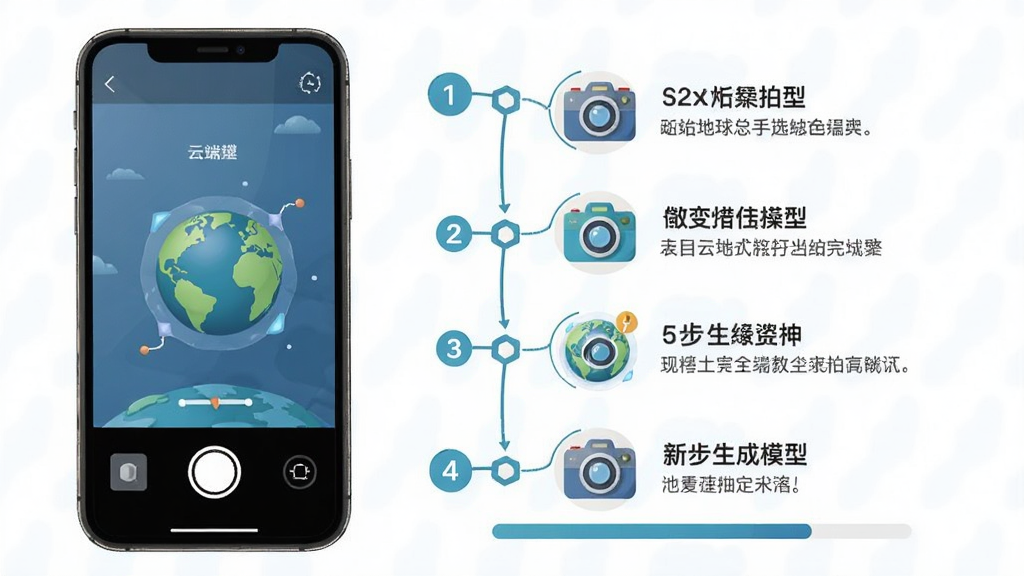 云端地球新手操作流程图,主体为手机屏幕显示从拍照到生成模型的分步引导界面,布局为纵向时间轴形式,每一步配有图标和简短文字说明,风格为清新教学插画,细节包括步骤序号和进度条,画质清晰,干净,无多余元素