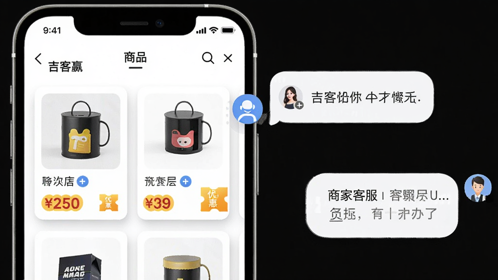 ������һ���ֻ�չʾ������Ӯ����Ʒ�б�ҳ�棬ҳ�������ƷͼƬ���۸��ǩ���Ż�ȯͼ�꣬�Ա����̼ҿͷ��Ի����ݣ����岼��Ϊ���ҷ��������Ϊ���µ��̷磬ϸ�ڰ�����Ʒ��Ƭ��Ӱ���۸�����ͻ�����Ի�����Բ�󣬻��ʸ��壬�ɾ����޶���Ԫ��