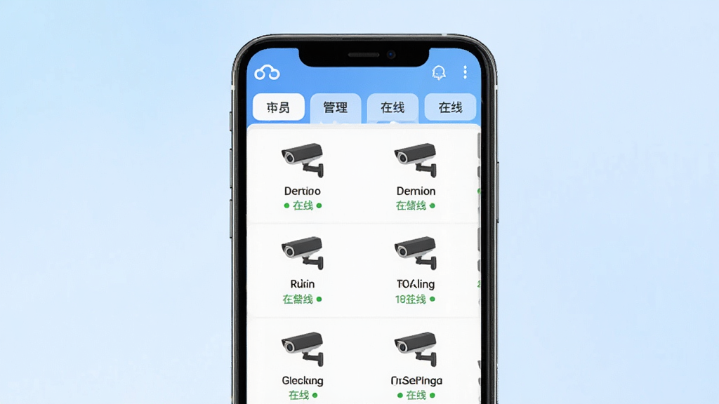 一张展示TSCloud多设备管理功能的图片,画面中央是一个手机屏幕,屏幕上显示TSCloud软件的设备列表界面,列表中排列着多个摄像头图标,每个图标下方标注着设备名称与在线状态,屏幕上方有分类标签,背景为浅蓝色渐变,风格清新简洁,细节清晰,画质高清,无多余元素