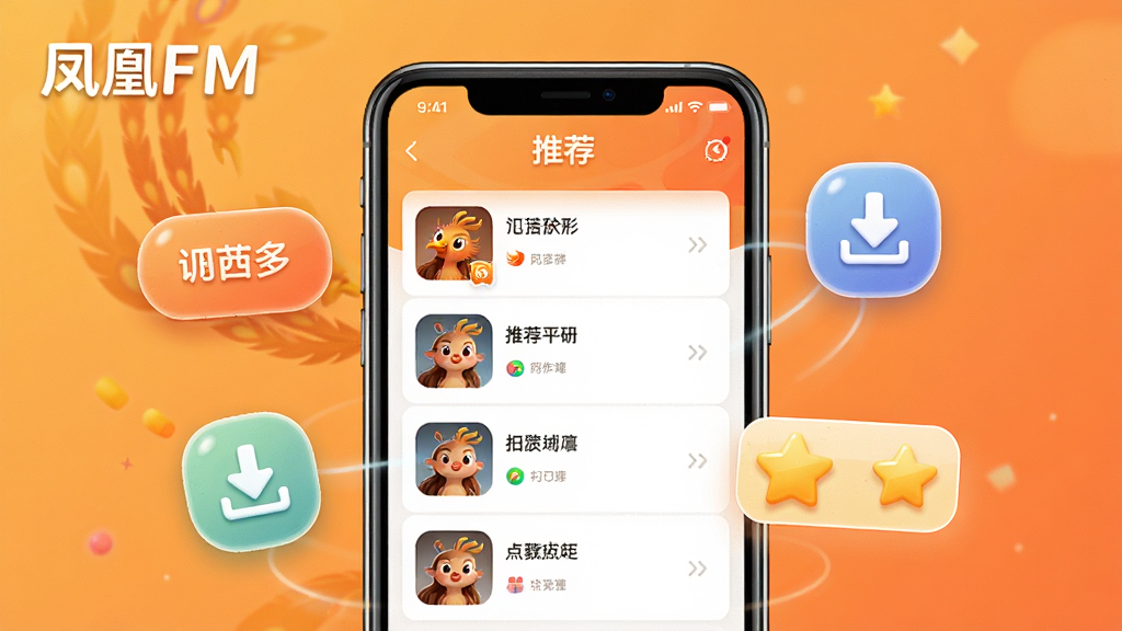 һ�ű��ַ��FM�����Ƽ����ܵ���ͼ������������һ���ֻ�����Ļ��ʾ���Ի��Ƽ��б����Ա�Ư���Ŷ��İ�ť�����ؼ�ͷ���������ֵ�ͼ�꣬����Ϊ��ů�ĳ�ɫ���䣬����Ѻ����У�ϸ�ھ��£����ʸɾ����޶���Ԫ�أ�ͼƬ�д����֡����FM��