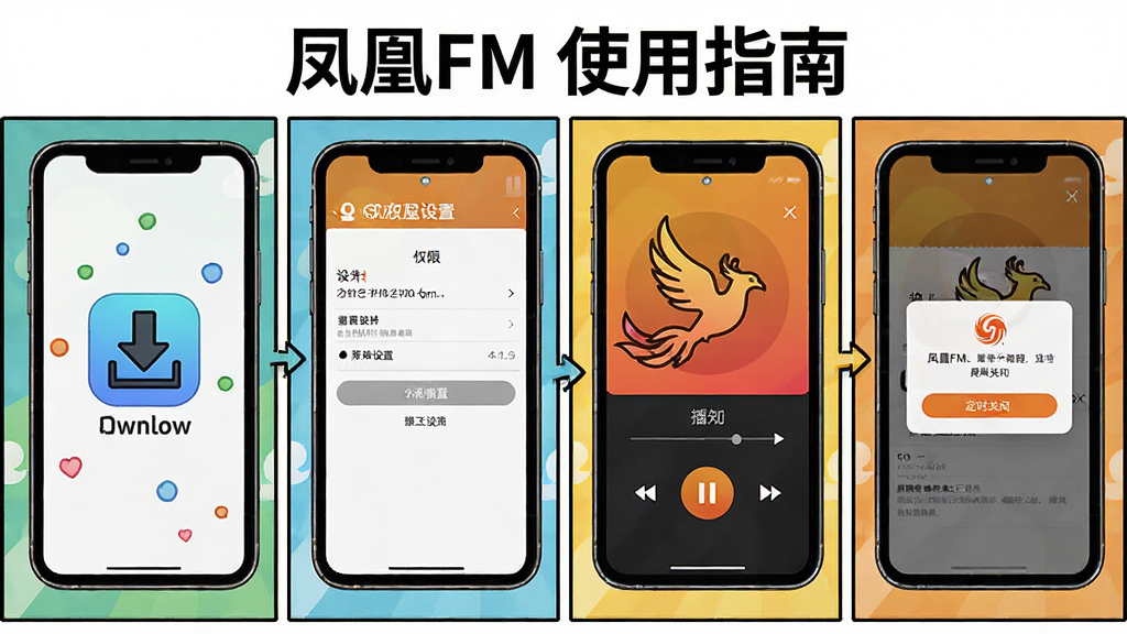 һ�ŷ��FMʹ�ý̳�ʾ��ͼ������չʾ�ֻ���Ļ�Ӱ�װ�����ŵ��ĸ����裬��������ͼ�ꡢȨ�����ý��桢���Ž���Ͷ�ʱ�رյ���������Ϊ�����ĸ��������ɫ�����죬ϸ�����������ʸɾ����޶���Ԫ�أ�ͼƬ�д����֡����FM ʹ��ָ�ϡ�