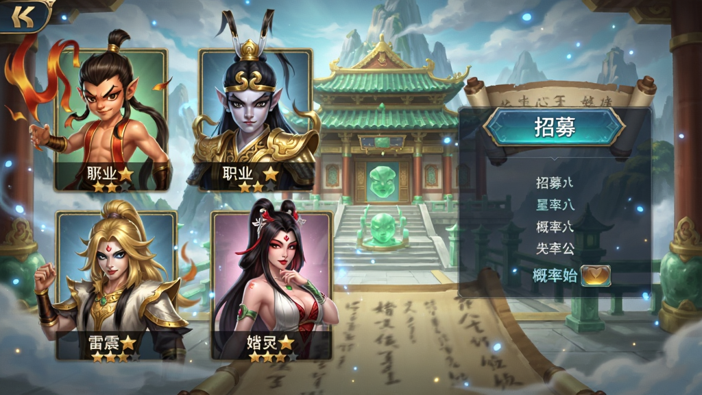 �������������Ϸ�ڻ����ļ�����ͼ���廭�������������չʾ��߸����ꯡ������ӡ�槼���λ��ɫ�İ������棬ÿλ��ɫ�·���עְҵ��λ���Ǽ����Ҳ�Ϊ��ļ��ť����ʹ�ʾ���򣬱���Ϊ����ɽ���鹬���������Ϊ�������ã�ɫ��������䣬ϸ�ڰ����������������װ�Σ����ʸ��壬����ɾ����޶���Ԫ��