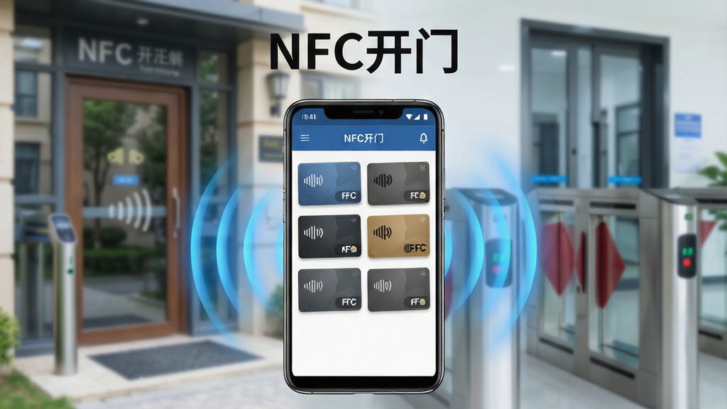 һ��չʾNFC�����������Ĺ��ܵ�����ͼ��������һ���ִ���׿�����ֻ�����Ļ��ʾNFC����APP�Ŀ�Ƭ�������棬�������ж��������Ž����������У��ֻ�����ɢ������ɫ��NFC��Ӧ���ƣ�������С����Ԫ�ź͹�˾բ���������黯�ںϣ����ֲ������Ĺ�ͼ���ֻ�λ�ڻ��������룬�Ϸ���