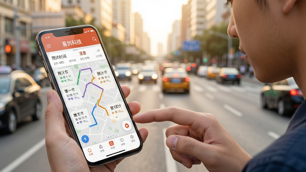 ����������һλ�����û�վ�ڳ��н�ͷ����ͷ�鿴�ֻ��ϵ��׵��Ƽ�App·�߹滮���棻���ֲ����������ֻ���Ļ˫���ӽǣ�����Ϊ���е�·�복�����Ű����ֻ���Ļ����ʾ����·�߶Ա���Ԥ��ʱ�䣻���Ϊдʵ������Ӱ����UI�����ϣ�ɫ��������ů��ϸ�ڰ����ֻ���Ļ�ĸ߹ⷴ�䡢��ָ���ض����������黯�ĳ��н��������ʸ��塢�ɾ����޶���Ԫ�ء�