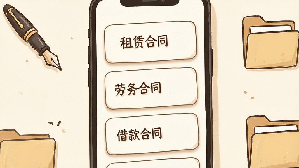 �Ǻ�ͬ������ͬģ����棬�ֻ���Ļ��ʾ���ֺ�ͬģ�忨Ƭ�б�����Ƭ���С����޺�ͬ���������ͬ��������ͬ�������֣�����Ϊ����װ�ɫ����Χ��׺�ֱ����ļ���ͼ�꣬���Ϊ��ů�����ֻ�磬ϸ�ڰ�����ƬԲ������΢ͶӰ�����ʸ��壬�ɾ����޶���Ԫ��
