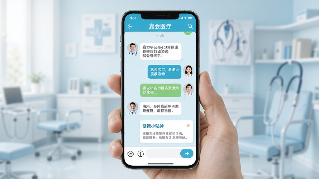 һ����׿�ֻ�չʾ�λ�ҽ��APP��������ѯ������棬ҽ��ͷ�����û��Ի����������У�����Ϊ�����ֻ���Ļ������Ϊ����ɫҽ�Ʒ���Ű����룬�����ܰרҵ��ϸ�ڰ����������ݡ����Ͱ�ť������С��ʿ��Ƭ�����ʸ��塢�ɾ����޶���Ԫ��