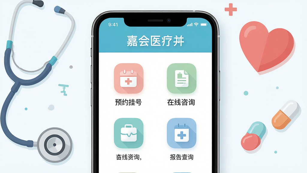 ����Ϊһ�������ֻ�����Ļ����ʾ�λ�ҽ��APP����ҳ���棬����ԤԼ�Һš�������ѯ�������ѯ�ȹ���ͼ�ꣻ���ֲ��þ��жԳƹ�ͼ���ֻ������׺�����������ġ�ҩ���ҽ��Ԫ�أ��Ű������죬���Ϊ�ִ���ƽ���Ƽ��磻ϸ������Ļ�����������ɼ���ͼ��ɫ����ͣ����ʸ��塢�ɾ����޶���Ԫ��